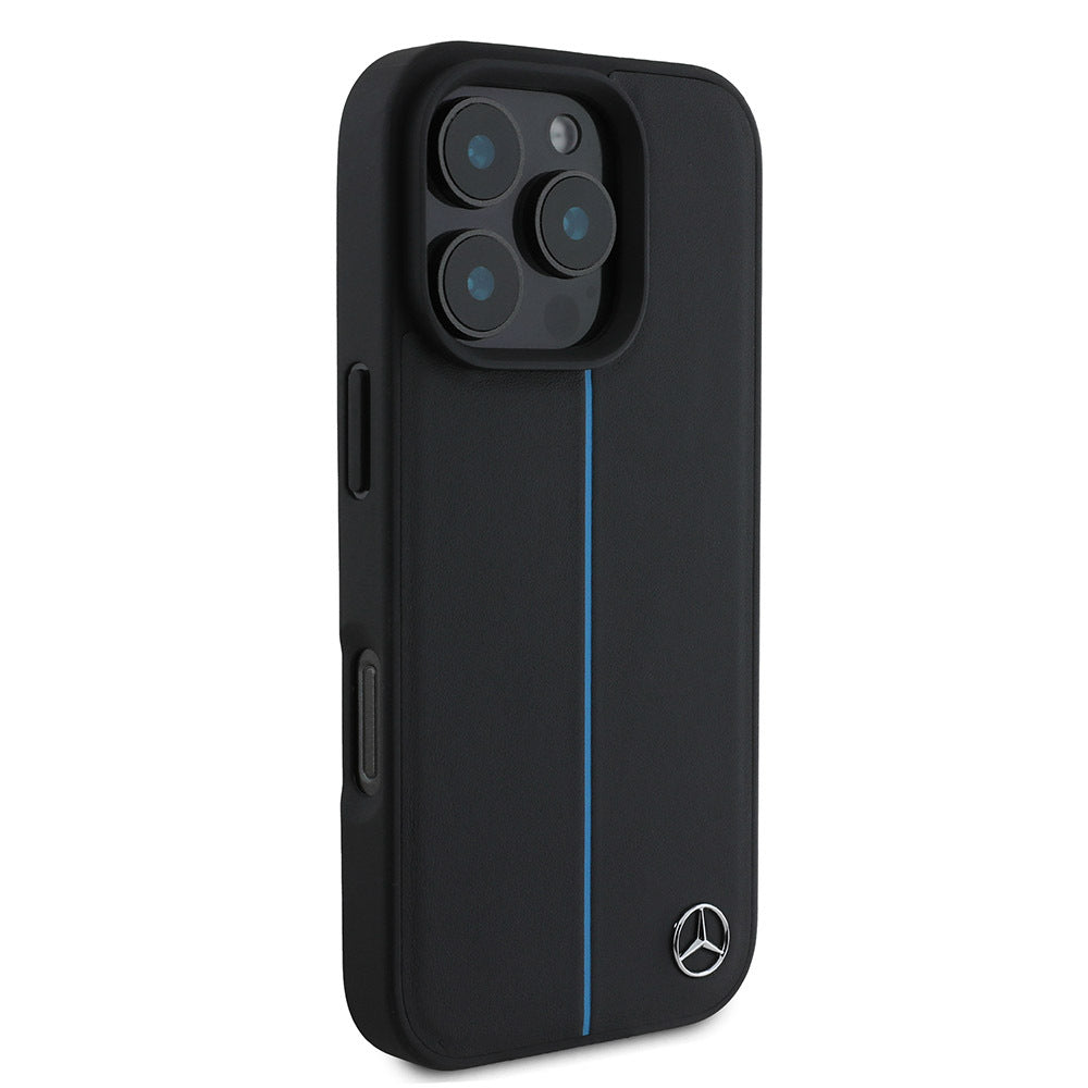 Apple iPhone 16 Pro Kılıf Mercedes Benz Orjinal Lisanslı M-safe Şarj Özellikli Metal Yıldız Logolu Mavi Çizgili Deri Kapak