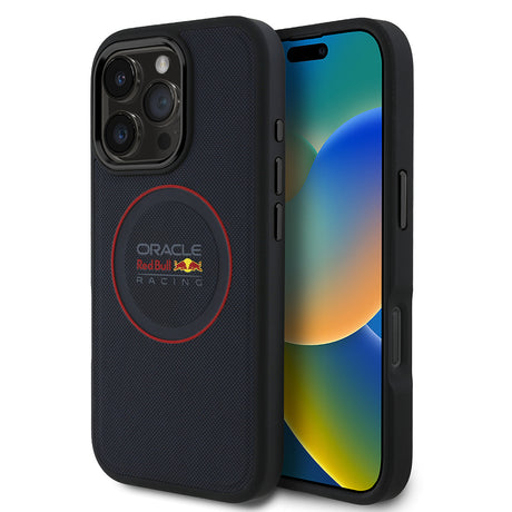 Apple iPhone 16 Pro Kılıf Redbull Orjinal Lisanslı M-safe Şarj Özellikli Kırmızı Halka ve Logo Kabartmalı PU Deri Kapak