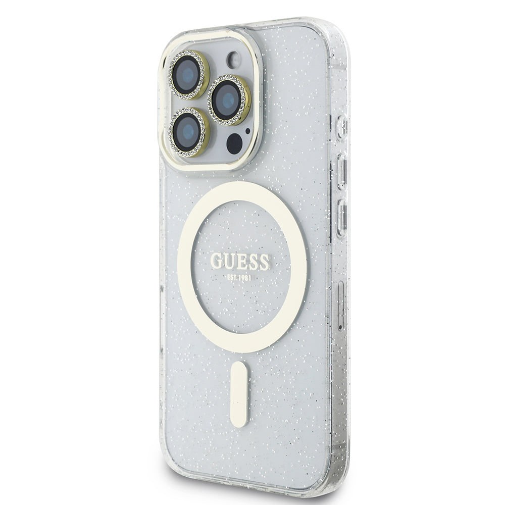 Apple iPhone 16 Pro Max Guess Orjinal Lisanslı 3'lü Aksesuar Seti IML Baskılı Simli Glitter Kılıf + Ekran Koruyucu + Lens Koruyucu