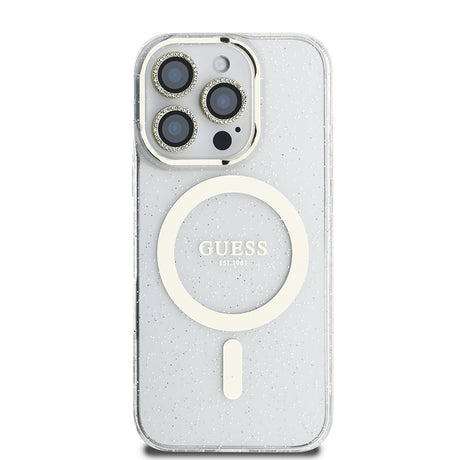 Apple iPhone 16 Pro Max Guess Orjinal Lisanslı 3'lü Aksesuar Seti IML Baskılı Simli Glitter Kılıf + Ekran Koruyucu + Lens Koruyucu