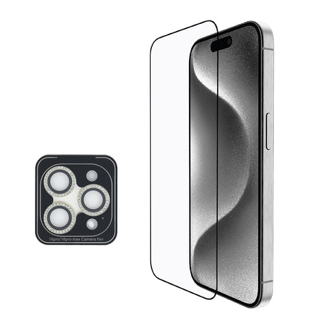 Apple iPhone 16 Pro Max Guess Orjinal Lisanslı 3'lü Aksesuar Seti IML Baskılı Simli Glitter Kılıf + Ekran Koruyucu + Lens Koruyucu