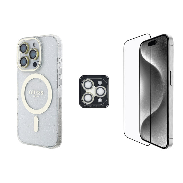 Apple iPhone 16 Pro Max Guess Orjinal Lisanslı 3'lü Aksesuar Seti IML Baskılı Simli Glitter Kılıf + Ekran Koruyucu + Lens Koruyucu