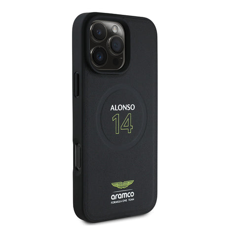 Apple iPhone 16 Pro Max Kılıf Aston Martin Orjinal Lisanslı M-safe Şarj Özellikli PU Deri Alonso 14 Baskılı Kapak