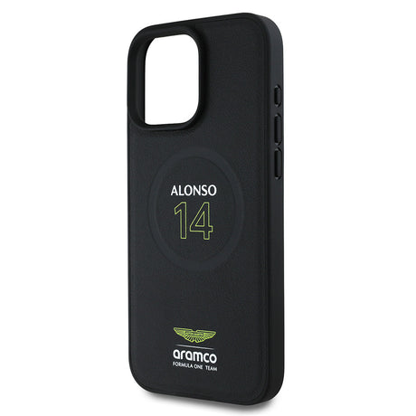Apple iPhone 16 Pro Max Kılıf Aston Martin Orjinal Lisanslı M-safe Şarj Özellikli PU Deri Alonso 14 Baskılı Kapak