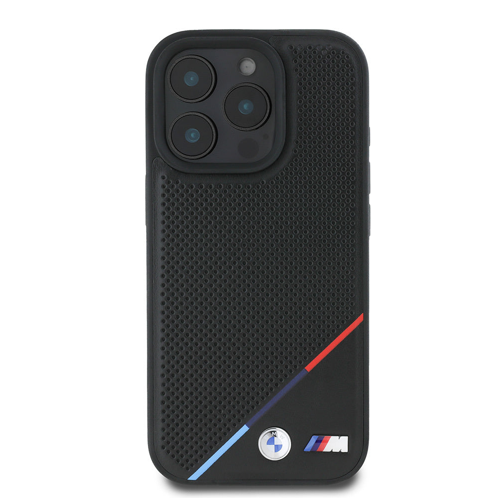 Apple iPhone 16 Pro Max Kılıf BMW Orjinal Lisanslı M-safe Şarj Özellikli M Logolu Üç Çizgili Delikli Deri Kapak