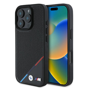 Apple iPhone 16 Pro Max Kılıf BMW Orjinal Lisanslı M-safe Şarj Özellikli M Logolu Üç Çizgili Delikli Deri Kapak