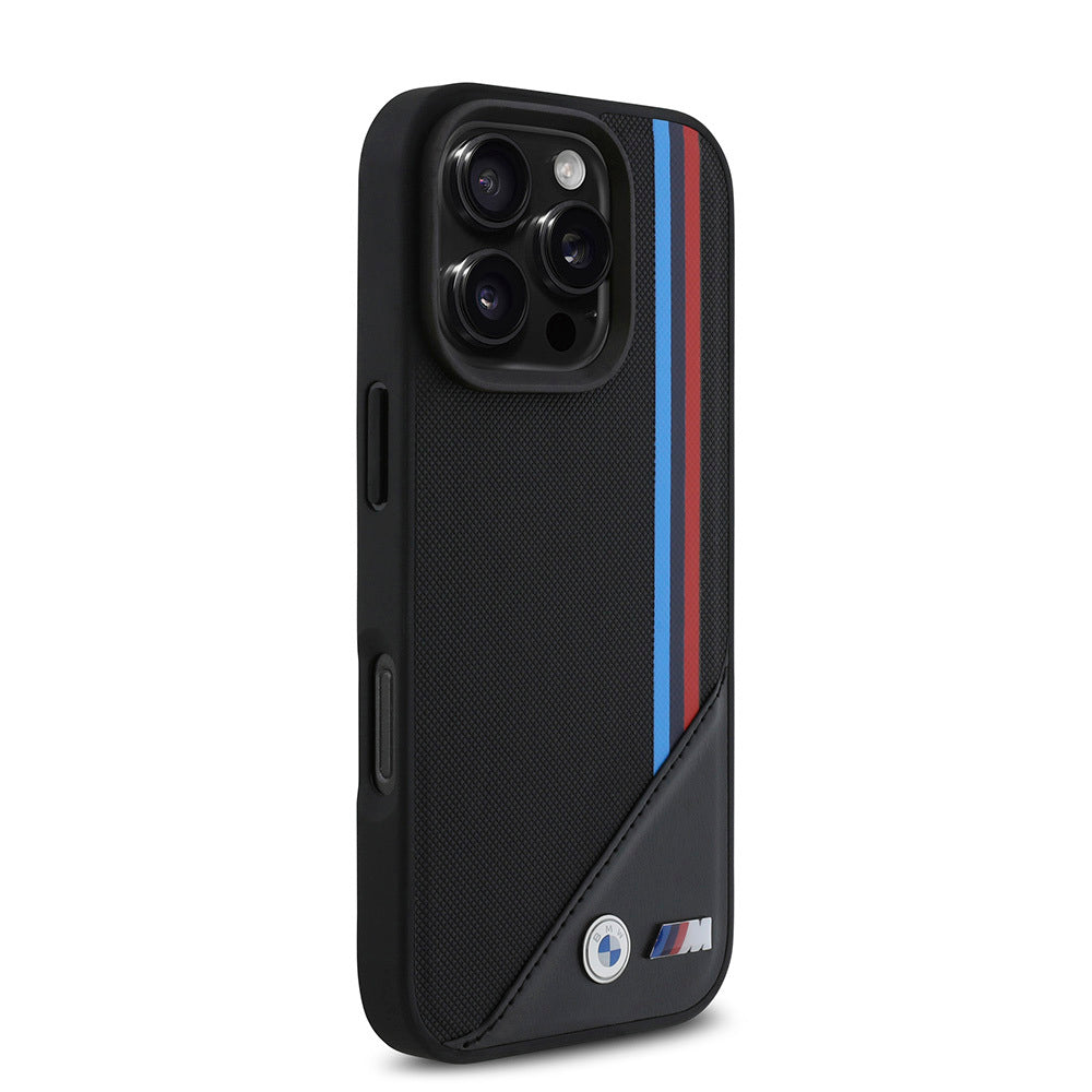 Apple iPhone 16 Pro Max Kılıf BMW Orjinal Lisanslı M-safe Şarj Özellikli M Logolu Üç Çizgili Dikiş Detaylı Meshed Tricolor Stripes Kapak