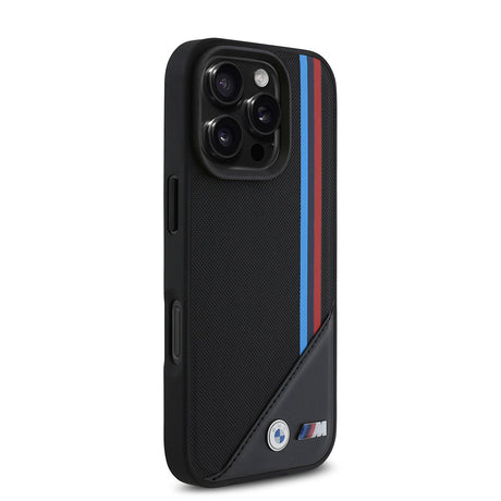 Apple iPhone 16 Pro Max Kılıf BMW Orjinal Lisanslı M-safe Şarj Özellikli M Logolu Üç Çizgili Dikiş Detaylı Meshed Tricolor Stripes Kapak