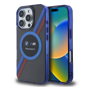 Apple iPhone 16 Pro Max Kılıf BMW Orjinal Lisanslı M-safe Şarj Özellikli M Logolu Üç Renk Çizgili Motorsport Circle Kapak