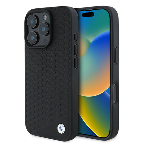 Apple iPhone 16 Pro Max Kılıf BMW Orjinal Lisanslı M-safe Şarj Özellikli Metal Logolu Dokulu Diamond Deri Kapak