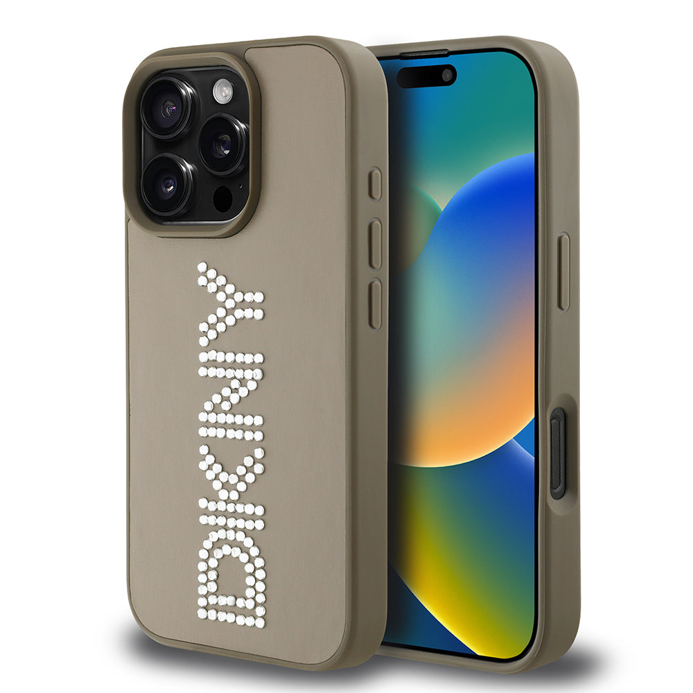 Apple iPhone 16 Pro Max Kılıf DKNY Orjinal Lisanslı Taşlı DKNY Yazılı Metalik Rhinestones PU Deri Kapak