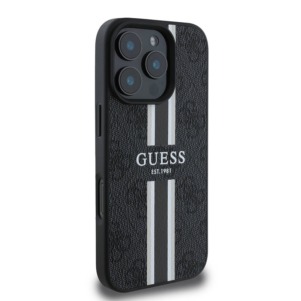 Apple iPhone 16 Pro Max Kılıf Guess Orjinal Lisanslı M-safe Şarj Özellikli 4G Şerit Tasarımlı Printed Kapak