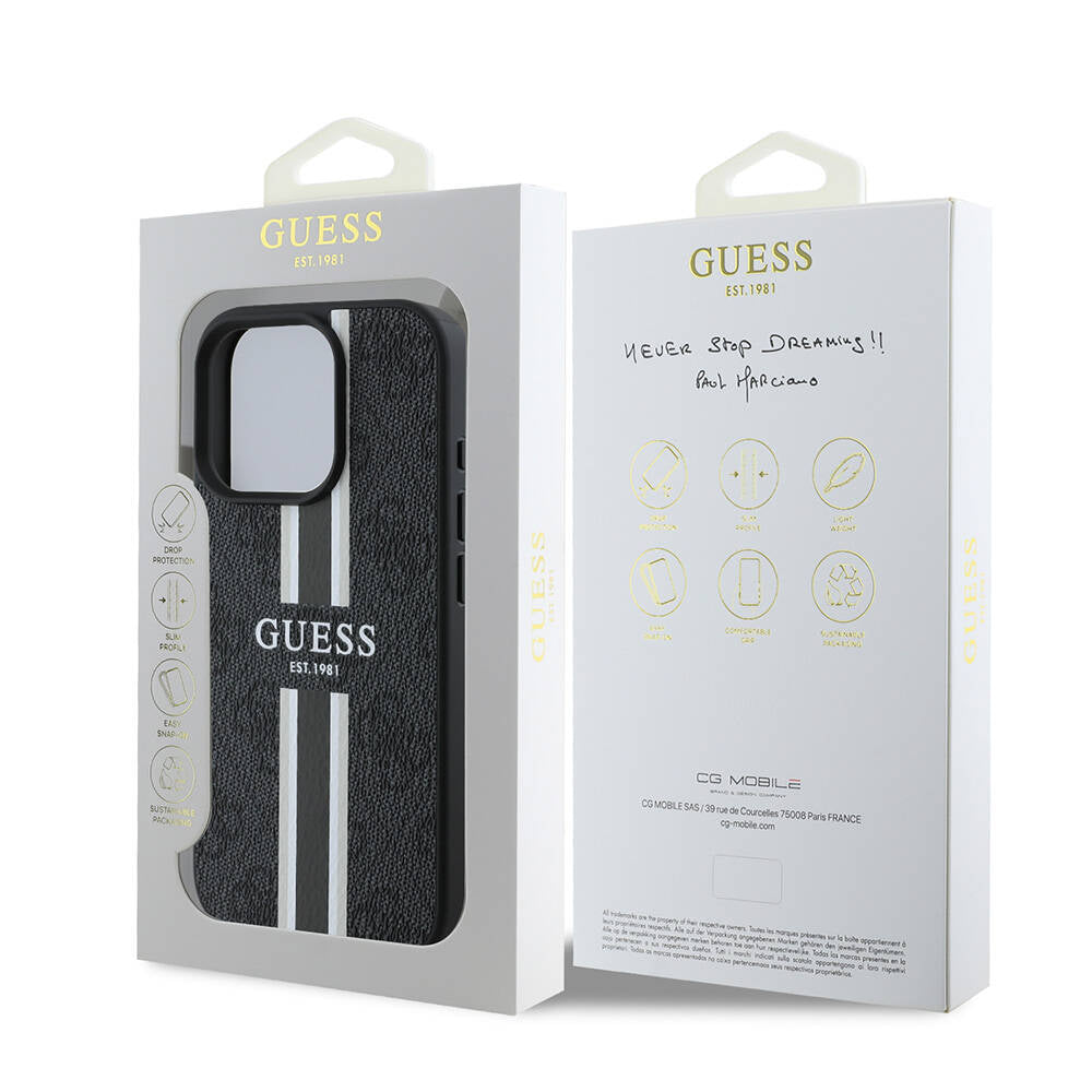 Apple iPhone 16 Pro Max Kılıf Guess Orjinal Lisanslı M-safe Şarj Özellikli 4G Şerit Tasarımlı Printed Kapak