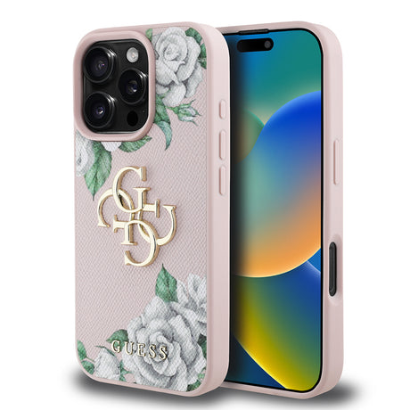 Apple iPhone 16 Pro Max Kılıf Guess Orjinal Lisanslı Gül Baskılı Büyük Metal Logo Dizaynlı Kapak