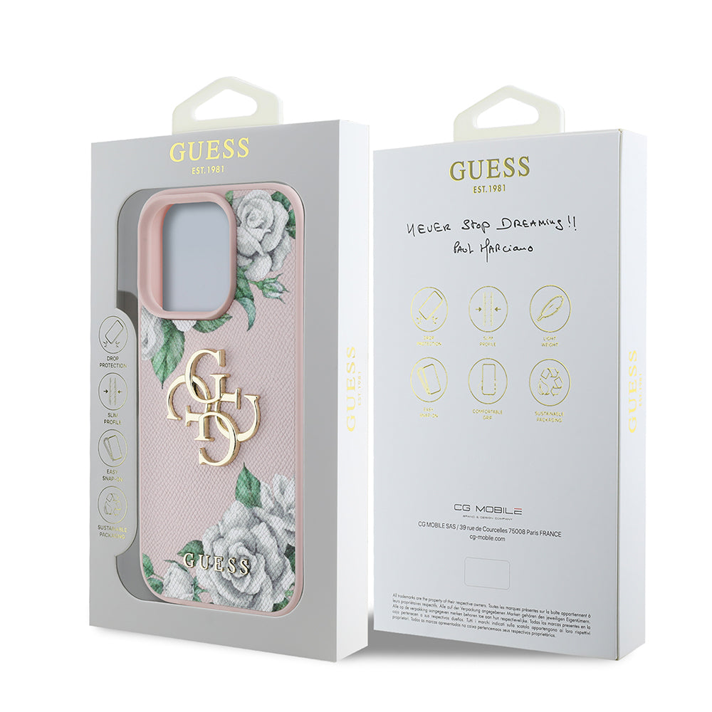 Apple iPhone 16 Pro Max Kılıf Guess Orjinal Lisanslı Gül Baskılı Büyük Metal Logo Dizaynlı Kapak