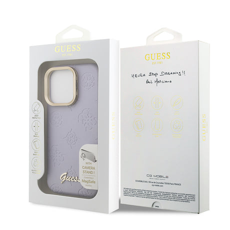 Apple iPhone 16 Pro Max Kılıf Guess Orjinal Lisanslı M-safe Şarj Özellikli Sıcak Baskılı Yazı Logolu Kamera Standlı PU Deri Peony Kapak