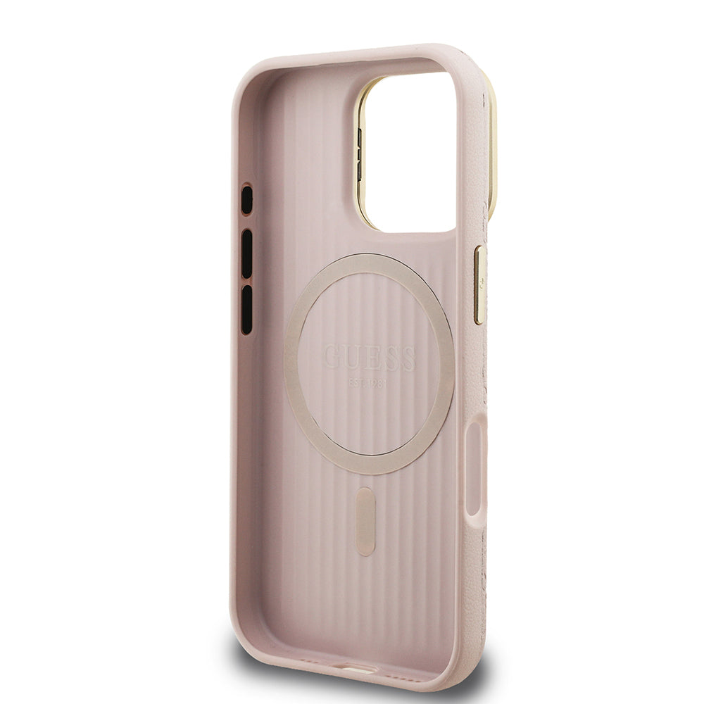 Apple iPhone 16 Pro Max Kılıf Guess Orjinal Lisanslı M-safe Şarj Özellikli Sıcak Baskılı Yazı Logolu Kamera Standlı PU Deri Peony Kapak