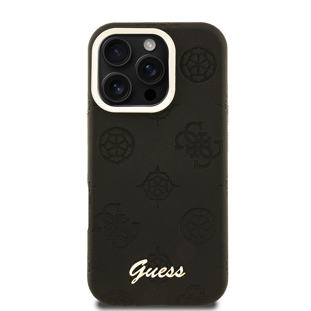 Apple iPhone 16 Pro Max Kılıf Guess Orjinal Lisanslı M-safe Şarj Özellikli Sıcak Baskılı Yazı Logolu Kamera Standlı PU Deri Peony Kapak