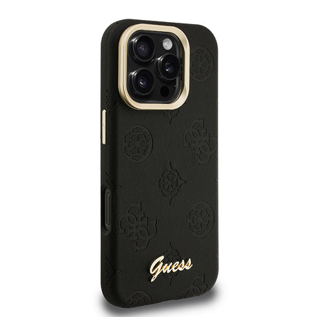 Apple iPhone 16 Pro Max Kılıf Guess Orjinal Lisanslı M-safe Şarj Özellikli Sıcak Baskılı Yazı Logolu Kamera Standlı PU Deri Peony Kapak