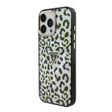 Apple iPhone 16 Pro Max Kılıf Guess Orjinal Lisanslı M-safe Şarj Özellikli Üçgen Logolu Simli Leopar Desenli Kapak