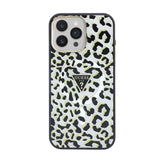 Apple iPhone 16 Pro Max Kılıf Guess Orjinal Lisanslı M-safe Şarj Özellikli Üçgen Logolu Simli Leopar Desenli Kapak