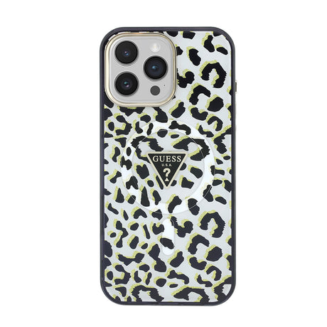 Apple iPhone 16 Pro Max Kılıf Guess Orjinal Lisanslı M-safe Şarj Özellikli Üçgen Logolu Simli Leopar Desenli Kapak