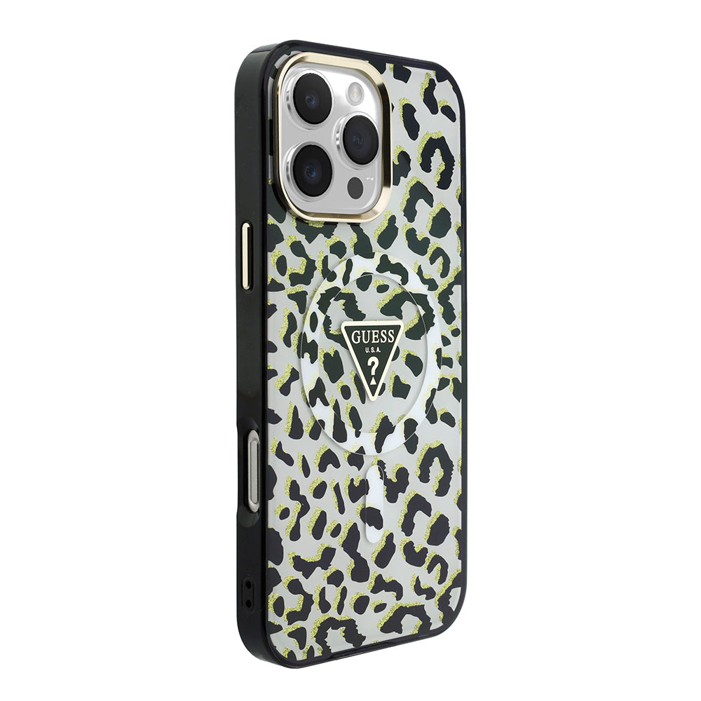 Apple iPhone 16 Pro Max Kılıf Guess Orjinal Lisanslı M-safe Şarj Özellikli Üçgen Logolu Simli Leopar Desenli Kapak