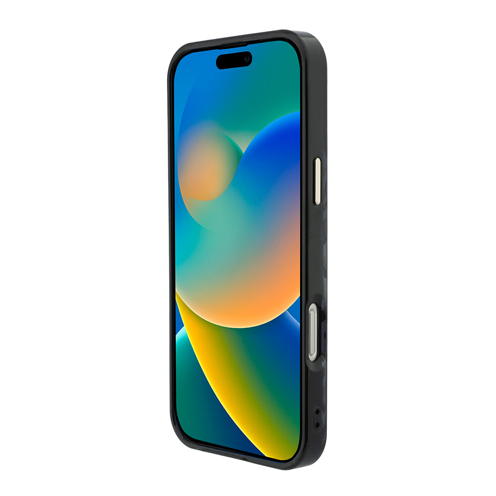 Apple iPhone 16 Pro Max Kılıf Guess Orjinal Lisanslı M-safe Şarj Özellikli Üçgen Logolu Simli Leopar Desenli Kapak