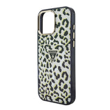 Apple iPhone 16 Pro Max Kılıf Guess Orjinal Lisanslı M-safe Şarj Özellikli Üçgen Logolu Simli Leopar Desenli Kapak