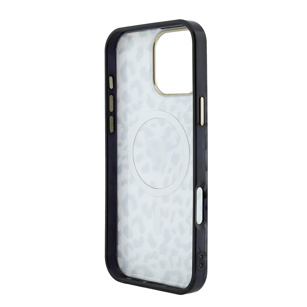 Apple iPhone 16 Pro Max Kılıf Guess Orjinal Lisanslı M-safe Şarj Özellikli Üçgen Logolu Simli Leopar Desenli Kapak