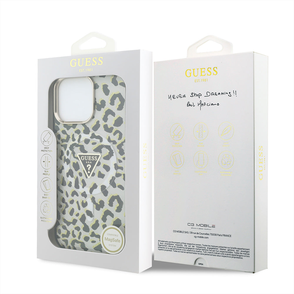Apple iPhone 16 Pro Max Kılıf Guess Orjinal Lisanslı M-safe Şarj Özellikli Üçgen Logolu Simli Leopar Desenli Kapak