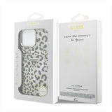 Apple iPhone 16 Pro Max Kılıf Guess Orjinal Lisanslı M-safe Şarj Özellikli Üçgen Logolu Simli Leopar Desenli Kapak