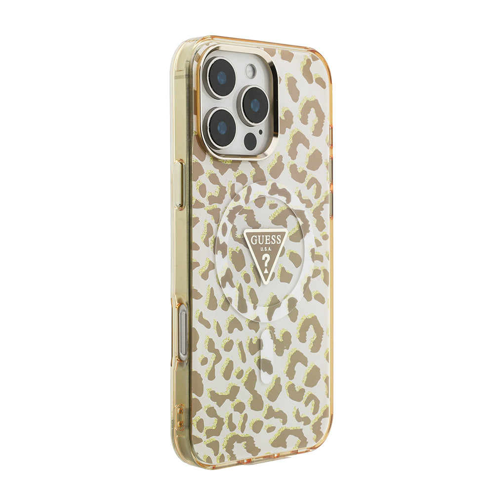 Apple iPhone 16 Pro Max Kılıf Guess Orjinal Lisanslı M-safe Şarj Özellikli Üçgen Logolu Simli Leopar Desenli Kapak