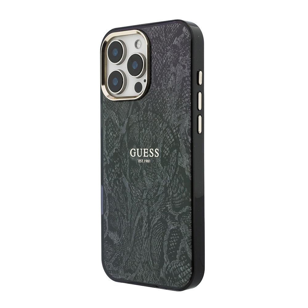 Apple iPhone 16 Pro Max Kılıf Guess Orjinal Lisanslı M-safe Şarj Özellikli Yazı Logolu Python Desenli Kapak
