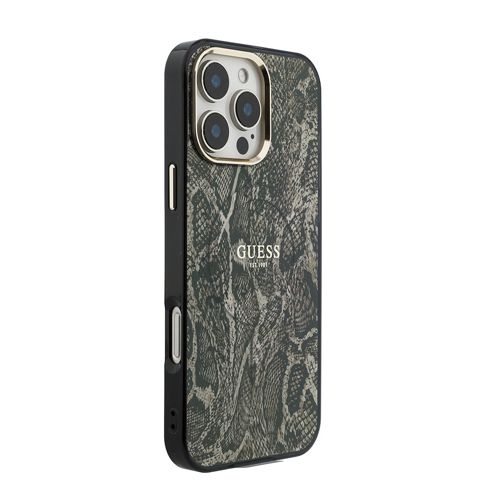 Apple iPhone 16 Pro Max Kılıf Guess Orjinal Lisanslı M-safe Şarj Özellikli Yazı Logolu Python Desenli Kapak