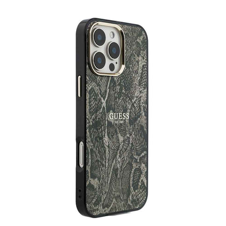 Apple iPhone 16 Pro Max Kılıf Guess Orjinal Lisanslı M-safe Şarj Özellikli Yazı Logolu Python Desenli Kapak