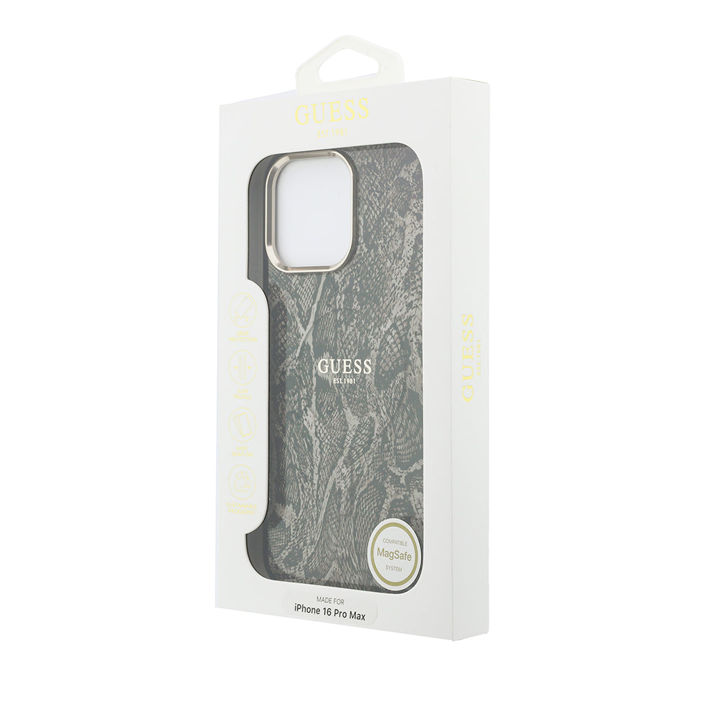 Apple iPhone 16 Pro Max Kılıf Guess Orjinal Lisanslı M-safe Şarj Özellikli Yazı Logolu Python Desenli Kapak