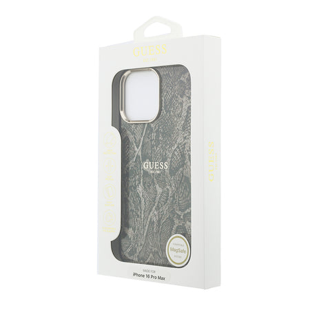 Apple iPhone 16 Pro Max Kılıf Guess Orjinal Lisanslı M-safe Şarj Özellikli Yazı Logolu Python Desenli Kapak