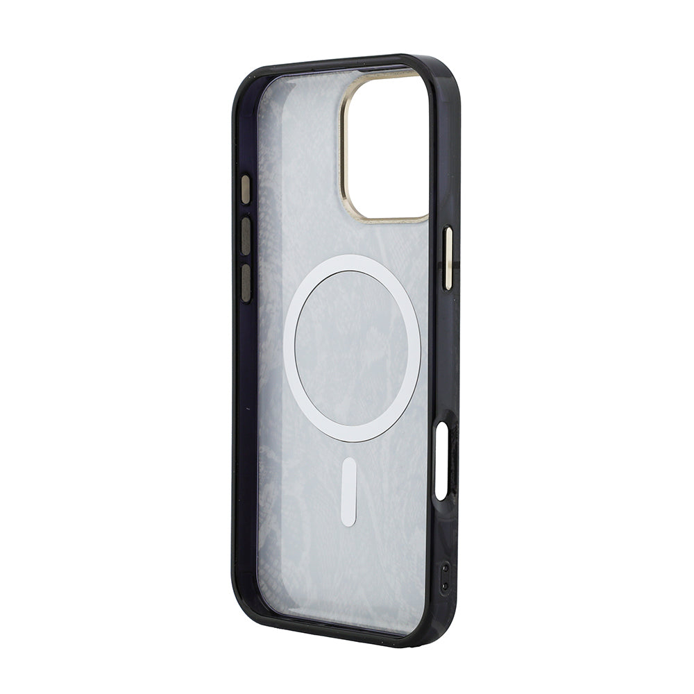 Apple iPhone 16 Pro Max Kılıf Guess Orjinal Lisanslı M-safe Şarj Özellikli Yazı Logolu Python Desenli Kapak