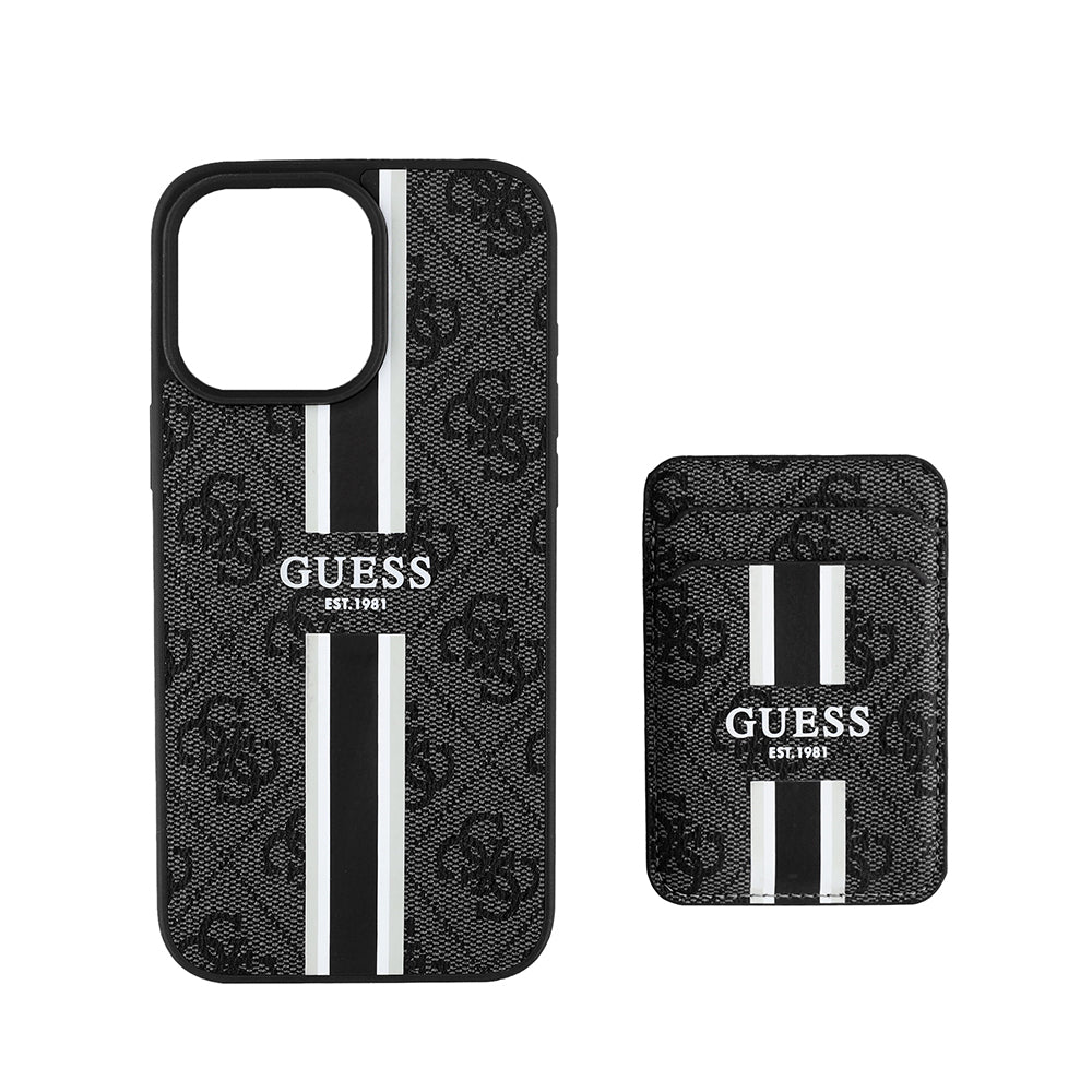 Apple iPhone 16 Pro Max Kılıf Guess Orjinal Lisanslı M-safe Şarj Özellikli 4G Desenli Çizgili Kartlıklı Kapak