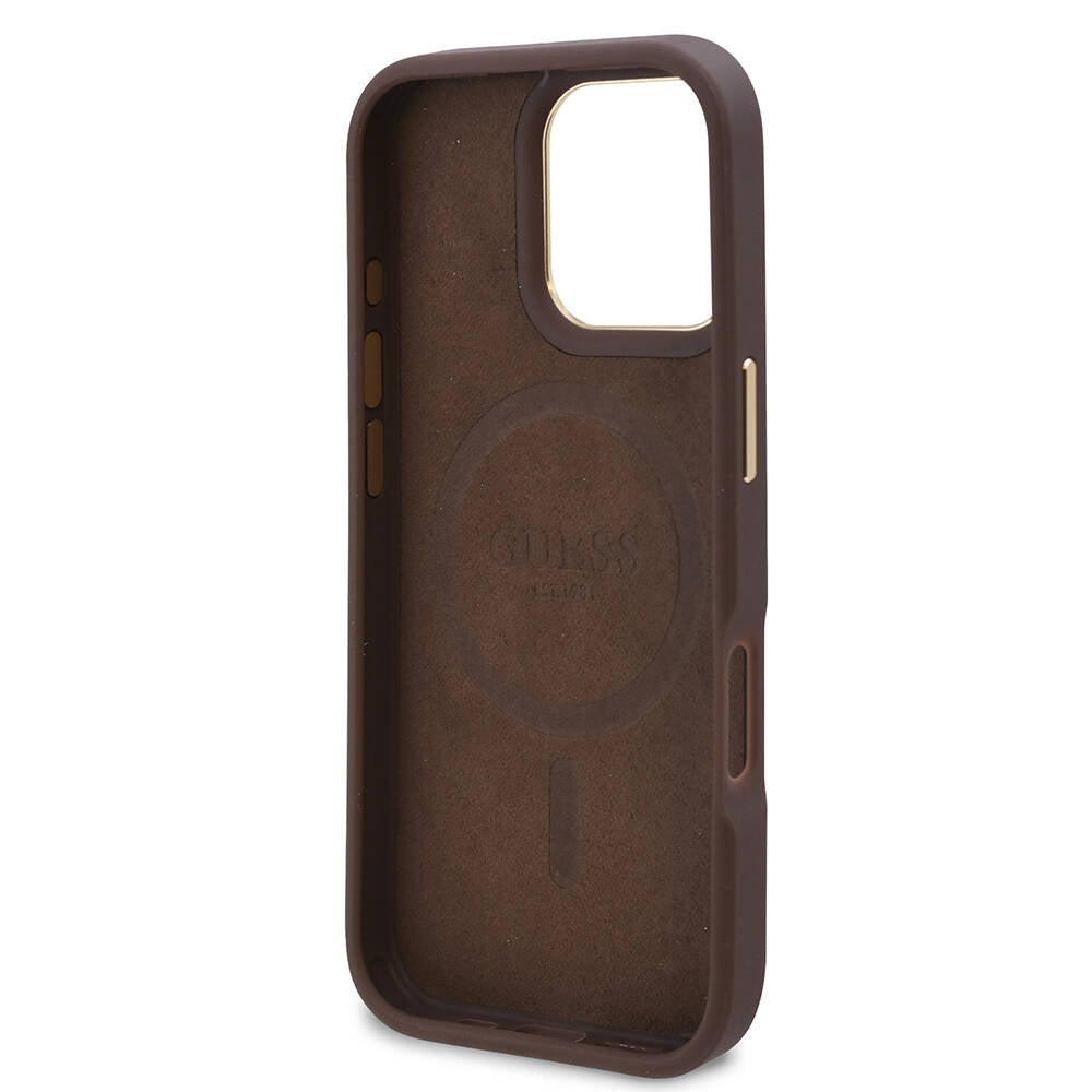 Apple iPhone 16 Pro Max Kılıf Guess Orjinal Lisanslı M-safe Şarj Özellikli 4G Desenli PU Metal Plaka Klasik Logolu Kapak