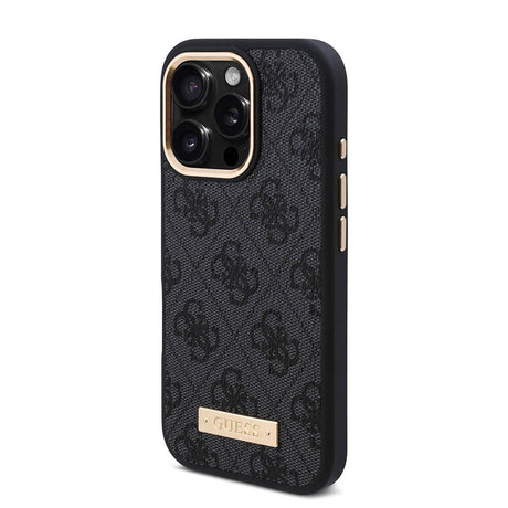 Apple iPhone 16 Pro Max Kılıf Guess Orjinal Lisanslı M-safe Şarj Özellikli 4G Desenli PU Metal Plaka Klasik Logolu Kapak