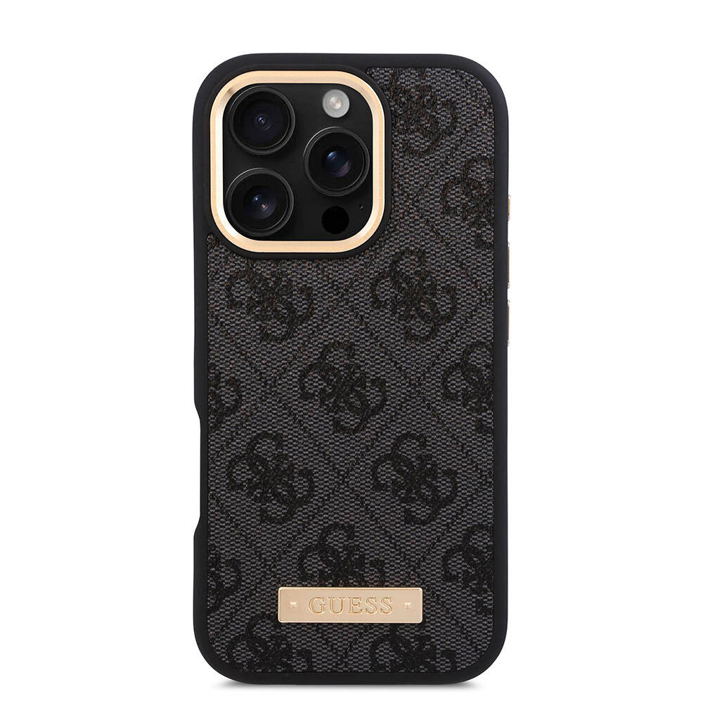 Apple iPhone 16 Pro Max Kılıf Guess Orjinal Lisanslı M-safe Şarj Özellikli 4G Desenli PU Metal Plaka Klasik Logolu Kapak