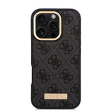 Apple iPhone 16 Pro Max Kılıf Guess Orjinal Lisanslı M-safe Şarj Özellikli 4G Desenli PU Metal Plaka Klasik Logolu Kapak