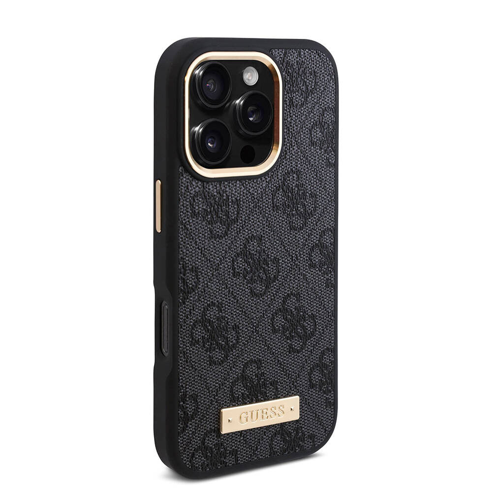 Apple iPhone 16 Pro Max Kılıf Guess Orjinal Lisanslı M-safe Şarj Özellikli 4G Desenli PU Metal Plaka Klasik Logolu Kapak