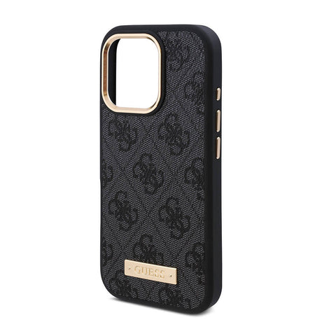 Apple iPhone 16 Pro Max Kılıf Guess Orjinal Lisanslı M-safe Şarj Özellikli 4G Desenli PU Metal Plaka Klasik Logolu Kapak