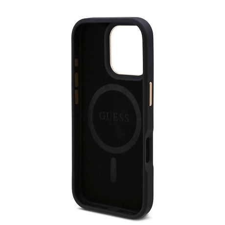 Apple iPhone 16 Pro Max Kılıf Guess Orjinal Lisanslı M-safe Şarj Özellikli 4G Desenli PU Metal Plaka Klasik Logolu Kapak