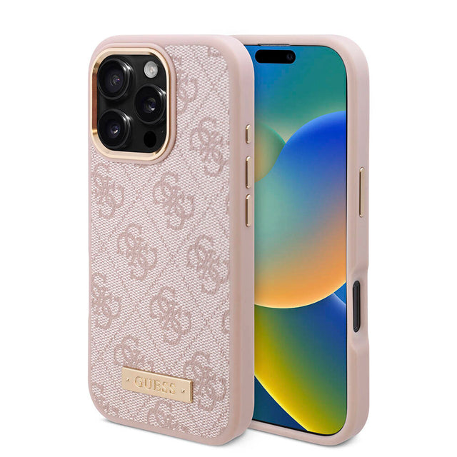 Apple iPhone 16 Pro Max Kılıf Guess Orjinal Lisanslı M-safe Şarj Özellikli 4G Desenli PU Metal Plaka Klasik Logolu Kapak