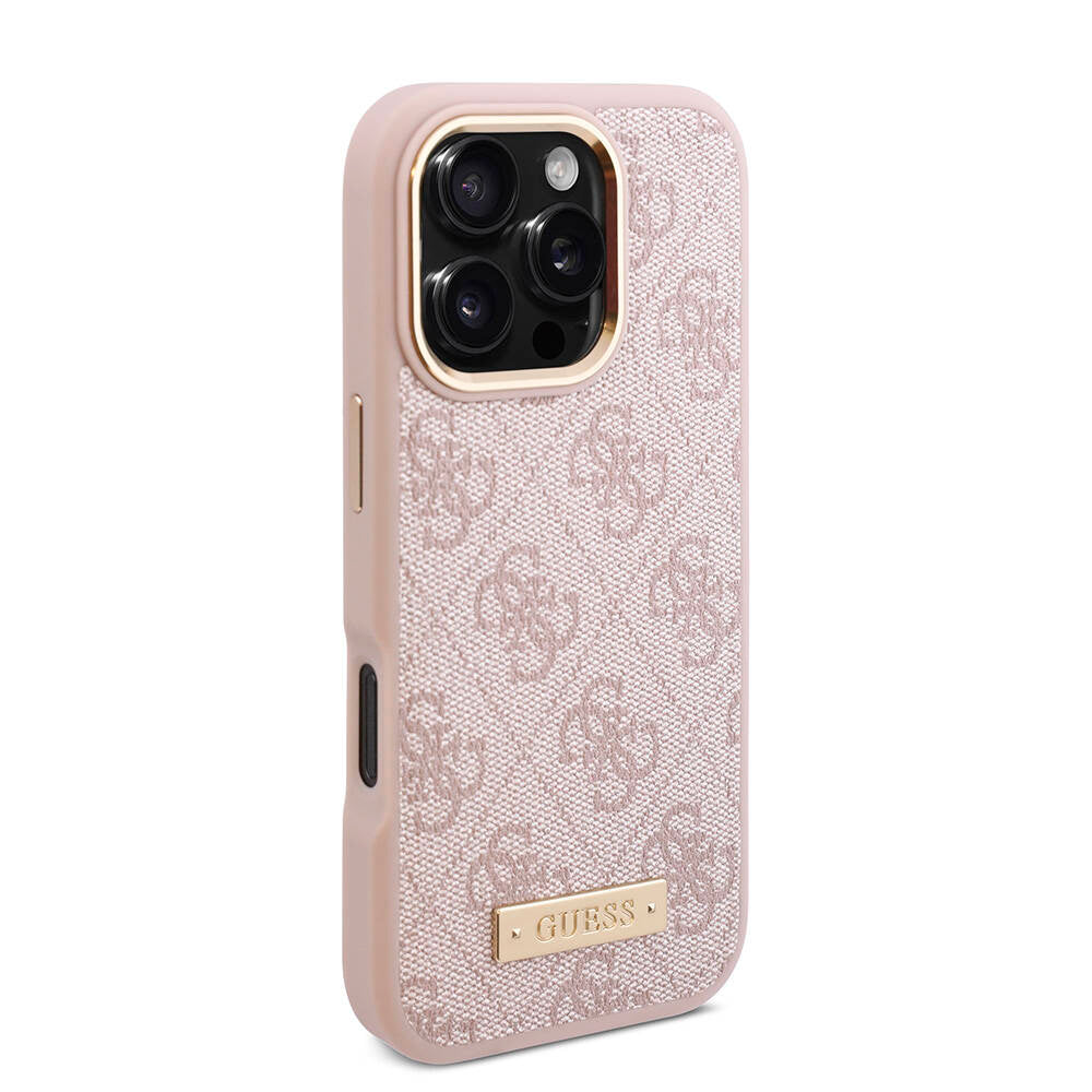 Apple iPhone 16 Pro Max Kılıf Guess Orjinal Lisanslı M-safe Şarj Özellikli 4G Desenli PU Metal Plaka Klasik Logolu Kapak