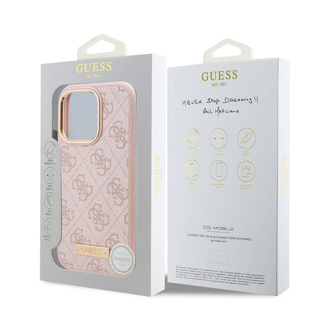 Apple iPhone 16 Pro Max Kılıf Guess Orjinal Lisanslı M-safe Şarj Özellikli 4G Desenli PU Metal Plaka Klasik Logolu Kapak